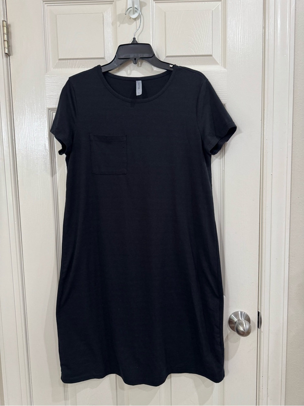 Tickled Teal Black Short-Sleeve Midi Dress with Chest Pocket